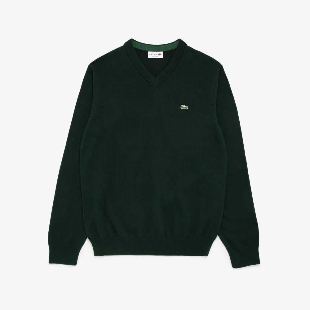 Lacoste V-Neck Cotton Sweater Green | POQV-94682