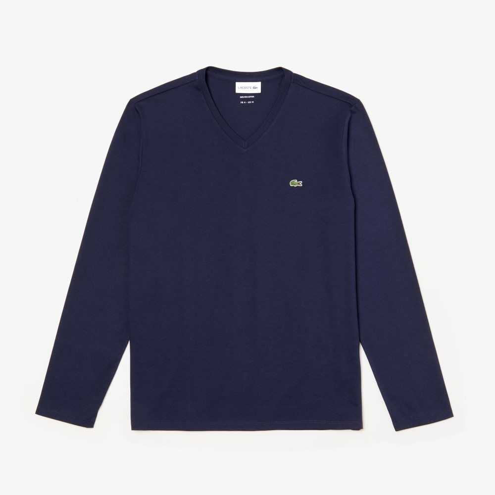 Lacoste V-Neck Lightweight Pima Cotton Jersey T-Shirt Navy Blue | MIZL-42631