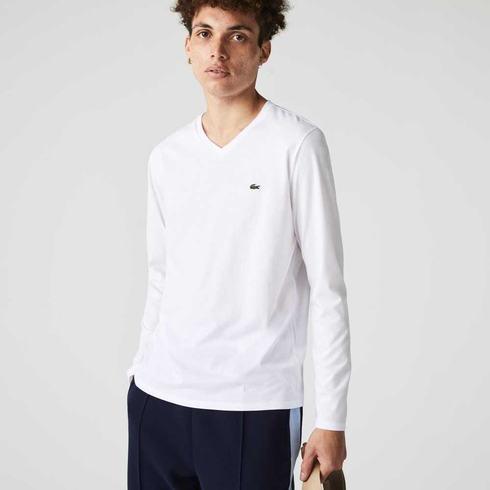 Lacoste V-Neck Lightweight Pima Cotton Jersey T-Shirt White | QIEN-65491