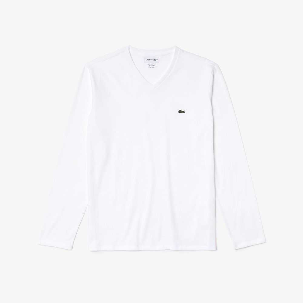 Lacoste V-Neck Lightweight Pima Cotton Jersey T-Shirt White | QIEN-65491