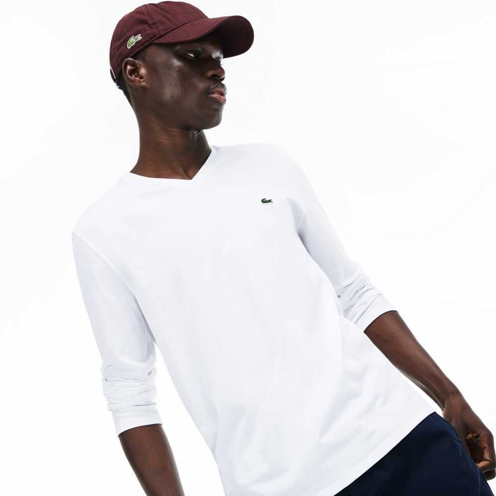 Lacoste V-Neck Lightweight Pima Cotton Jersey T-Shirt White | QIEN-65491