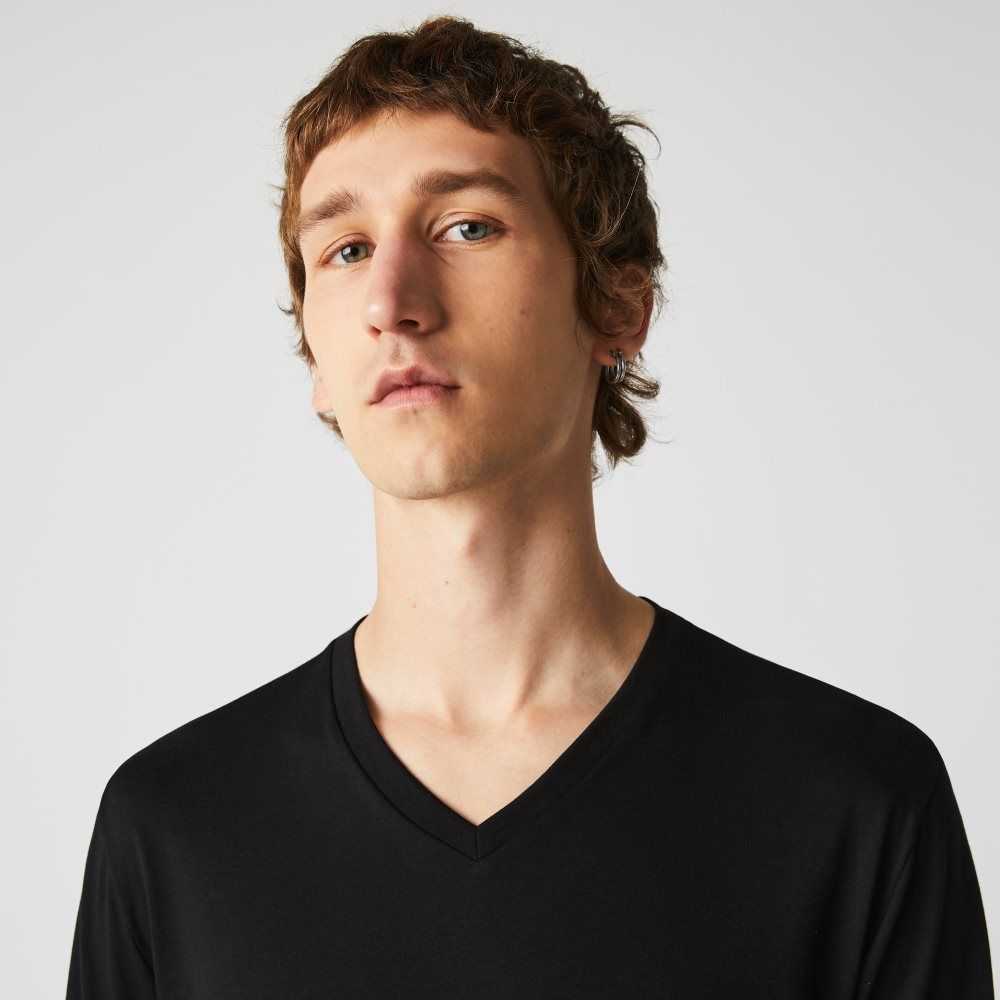 Lacoste V-Neck Lightweight Pima Cotton Jersey T-Shirt Black | VHCR-39867