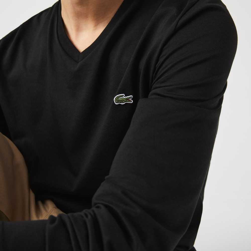 Lacoste V-Neck Lightweight Pima Cotton Jersey T-Shirt Black | VHCR-39867