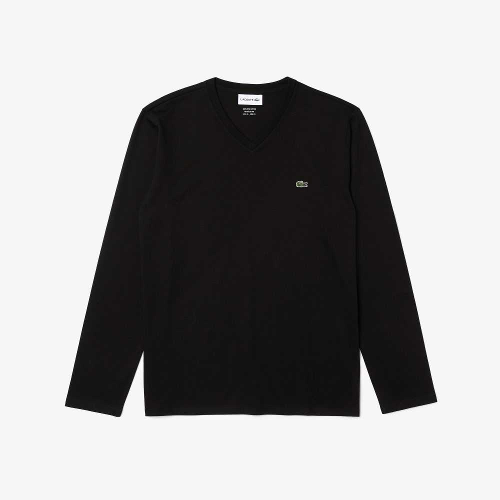 Lacoste V-Neck Lightweight Pima Cotton Jersey T-Shirt Black | VHCR-39867