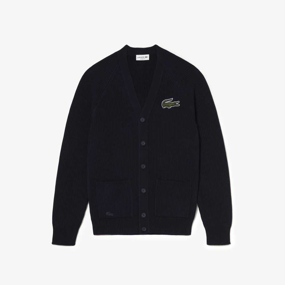 Lacoste V-Neck Organic Cotton Cardigan Navy Blue | FNSJ-84150