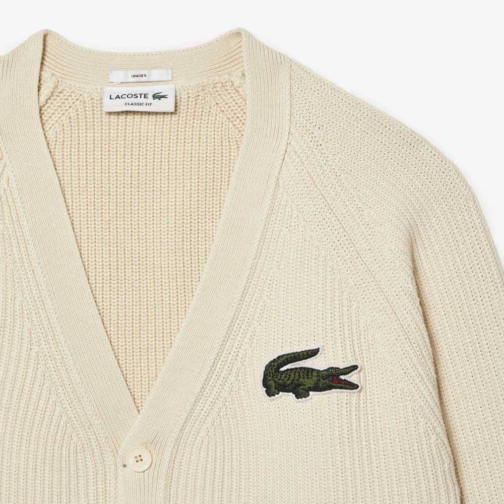 Lacoste V-Neck Organic Cotton Cardigan White | XGJY-43859