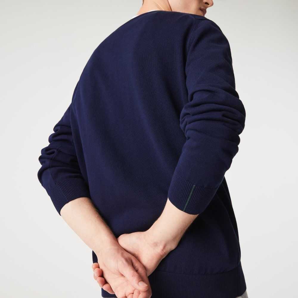 Lacoste V-Neck Organic Cotton Sweater Navy Blue | BENT-76435