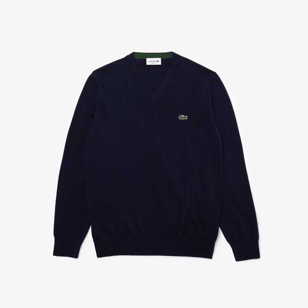 Lacoste V-Neck Organic Cotton Sweater Navy Blue | BENT-76435