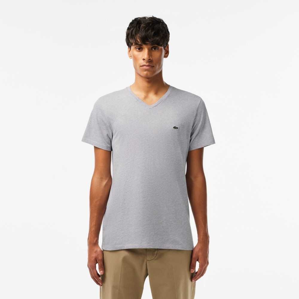 Lacoste V-Neck Pima Cotton Jersey T-Shirt Grey Chine | EDGS-02489