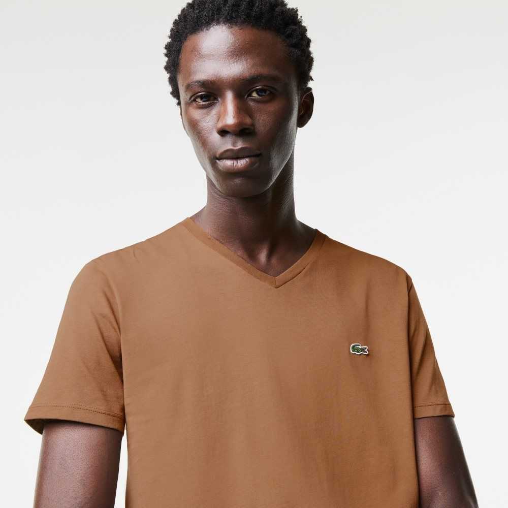 Lacoste V-Neck Pima Cotton Jersey T-Shirt Brown | LIVE-67804