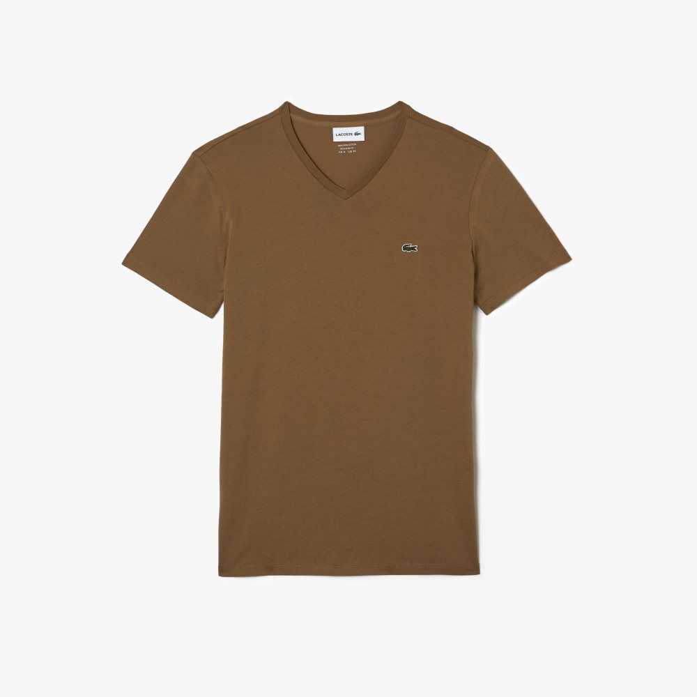 Lacoste V-Neck Pima Cotton Jersey T-Shirt Brown | LIVE-67804