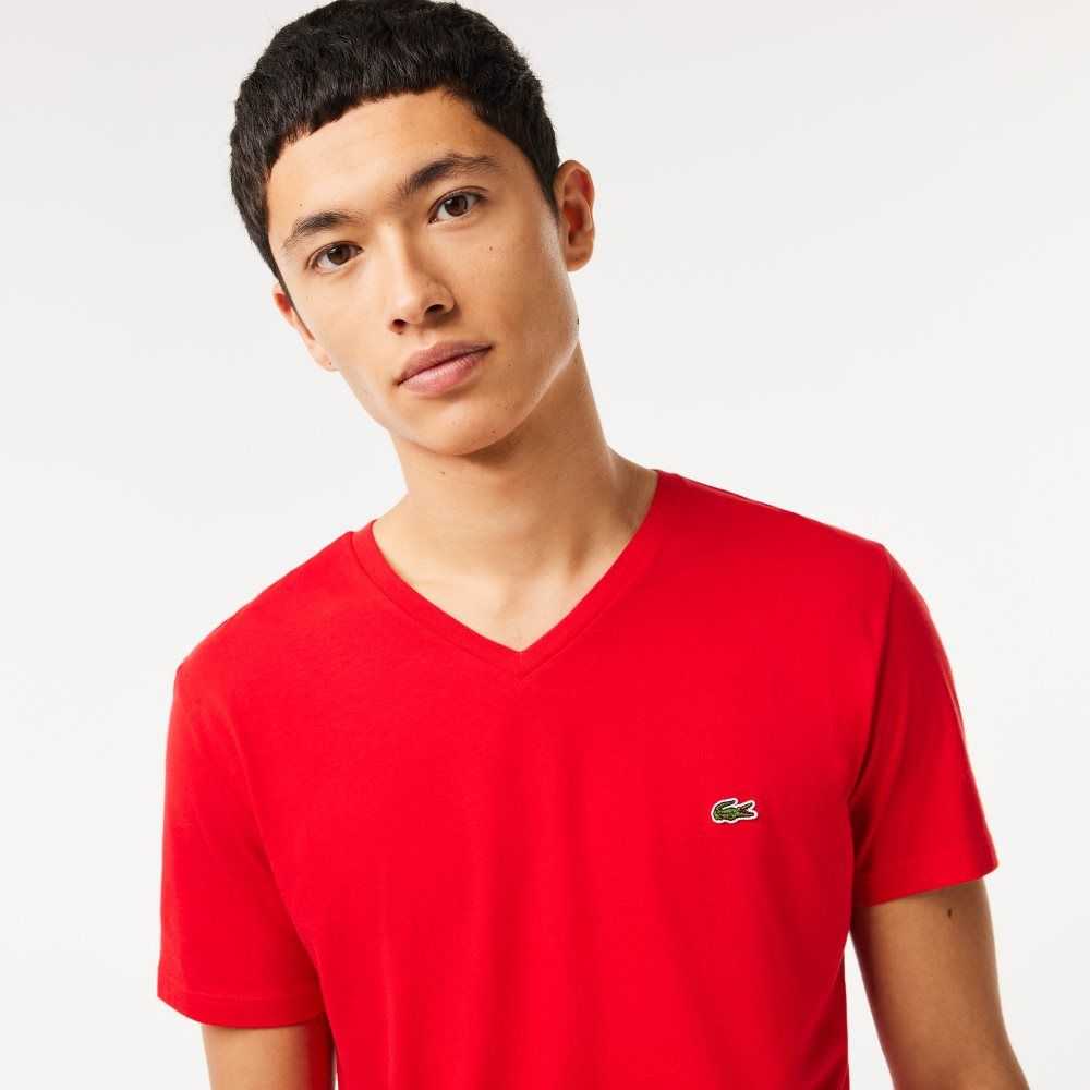 Lacoste V-Neck Pima Cotton Jersey T-Shirt Red | UZHX-60937