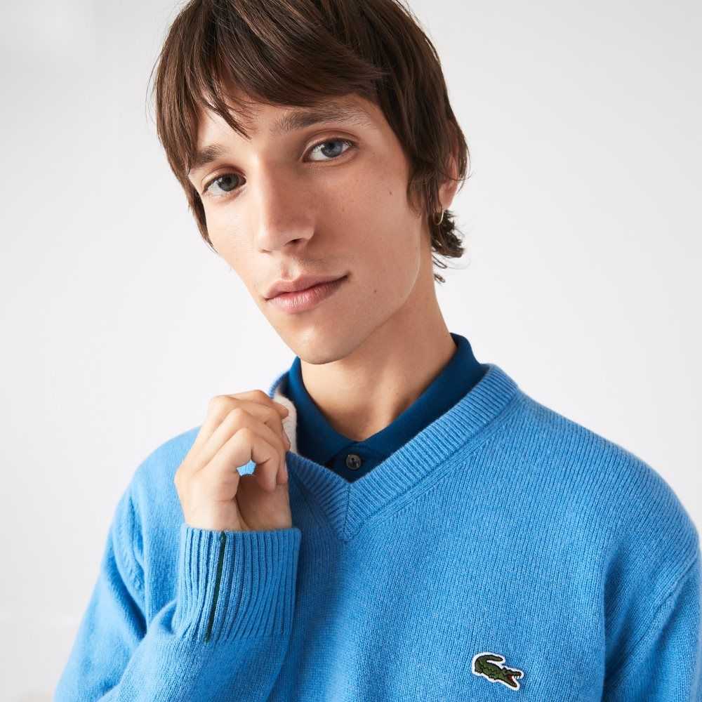 Lacoste V-Neck Wool Sweater Blue | FPYX-09854