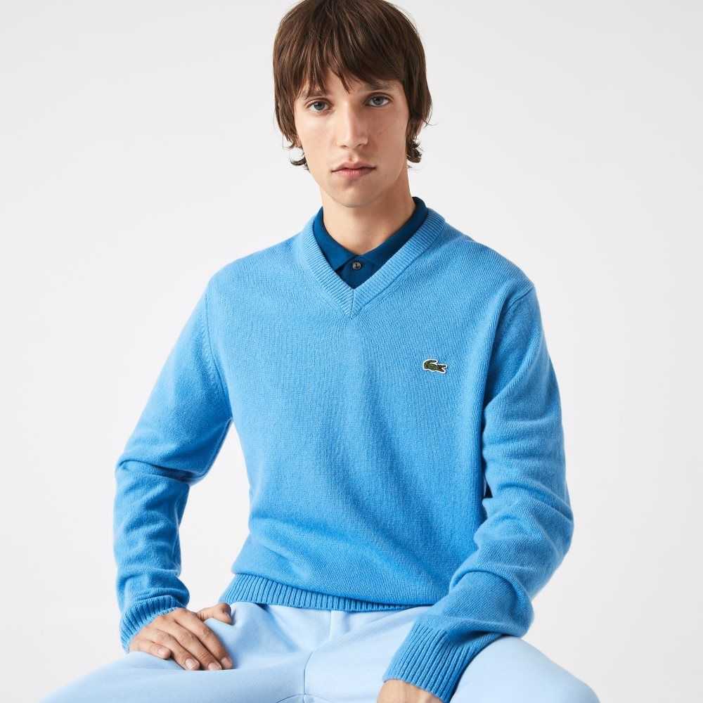 Lacoste V-Neck Wool Sweater Blue | FPYX-09854