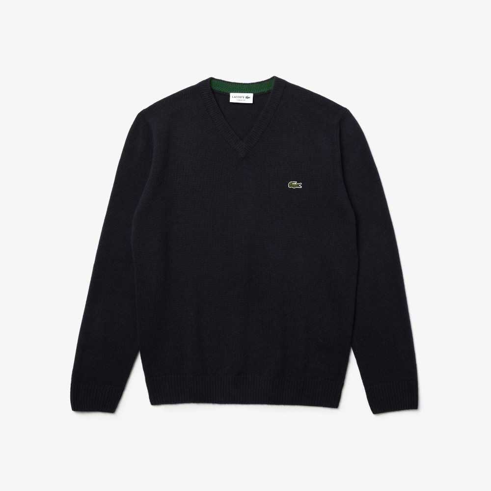 Lacoste V-Neck Wool Sweater Navy Blue | OBRY-21908