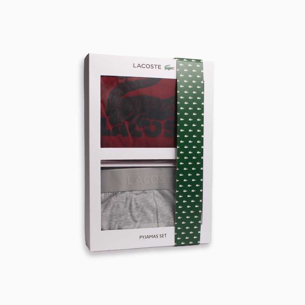 Lacoste Velvet Logo Long Pajama Set Bordeaux / Dark Grey / Grey Chine | INOP-06247