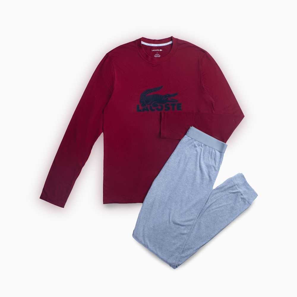 Lacoste Velvet Logo Long Pajama Set Bordeaux / Dark Grey / Grey Chine | INOP-06247