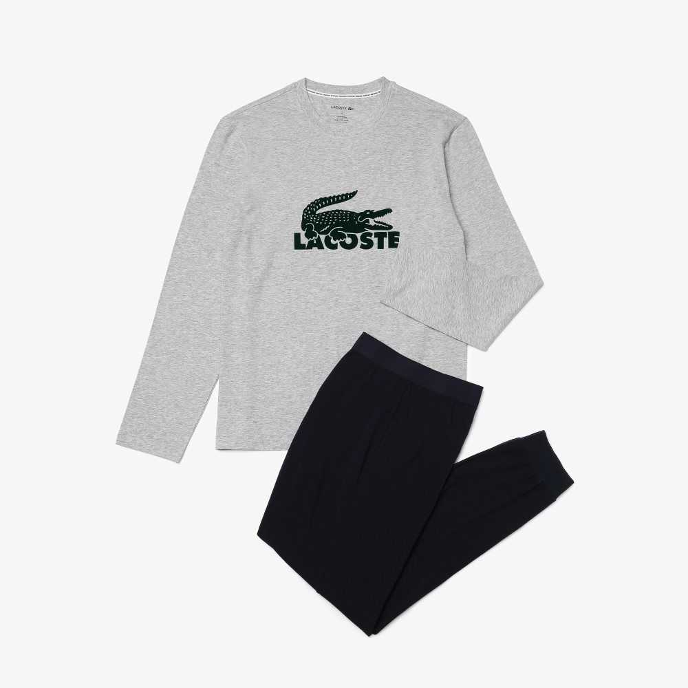 Lacoste Velvet Logo Long Pajama Set Navy Blue / Grey Chine / Green | QATV-65894