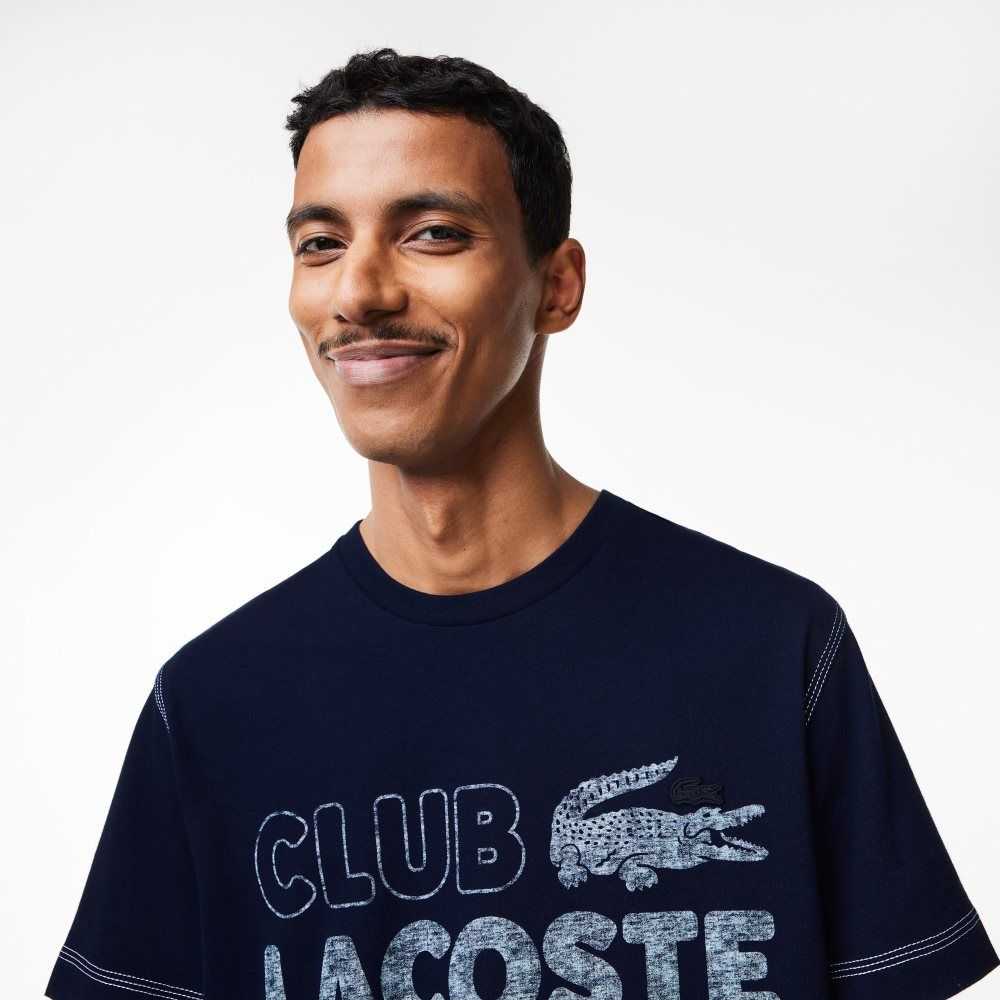 Lacoste Vintage Print Organic Cotton T-Shirt Navy Blue | ENFP-69104