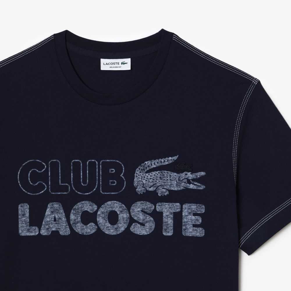 Lacoste Vintage Print Organic Cotton T-Shirt Navy Blue | ENFP-69104