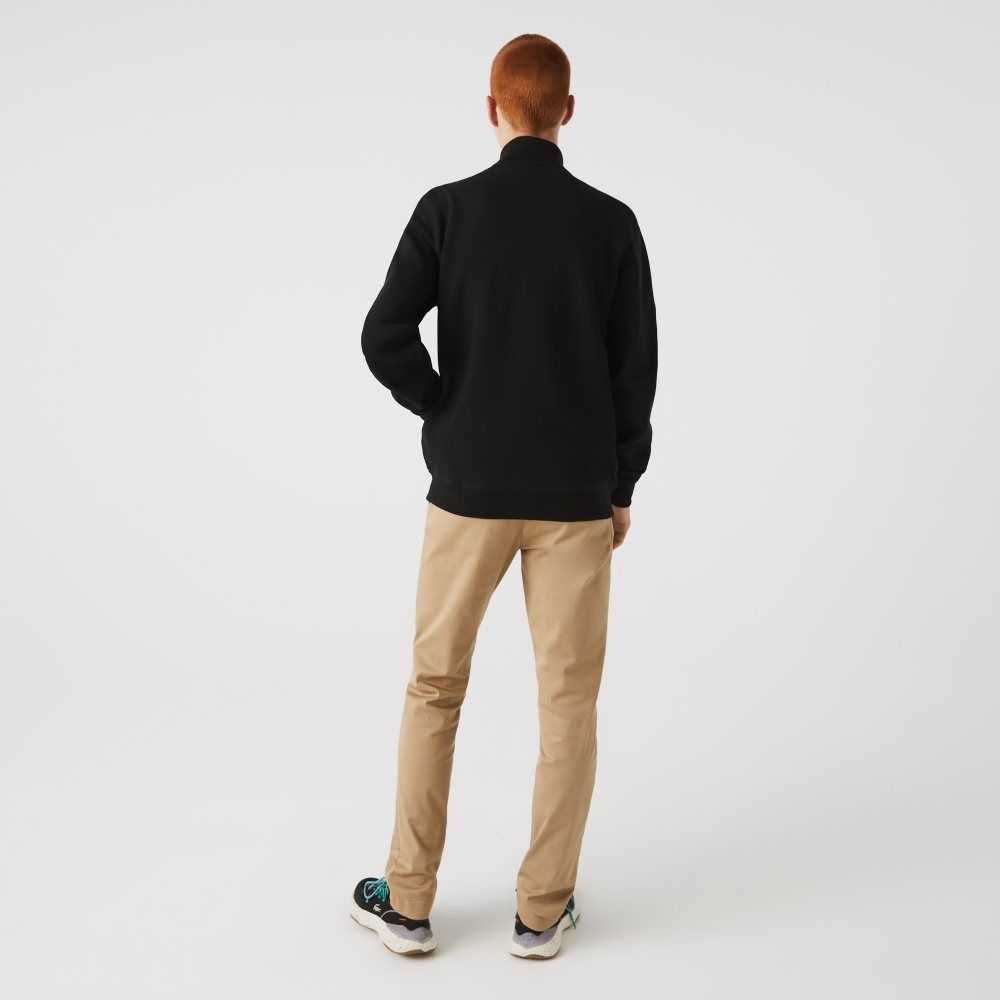 Lacoste Zippered Stand-Up Collar Pique Fleece Jacket Black | IGCU-08361