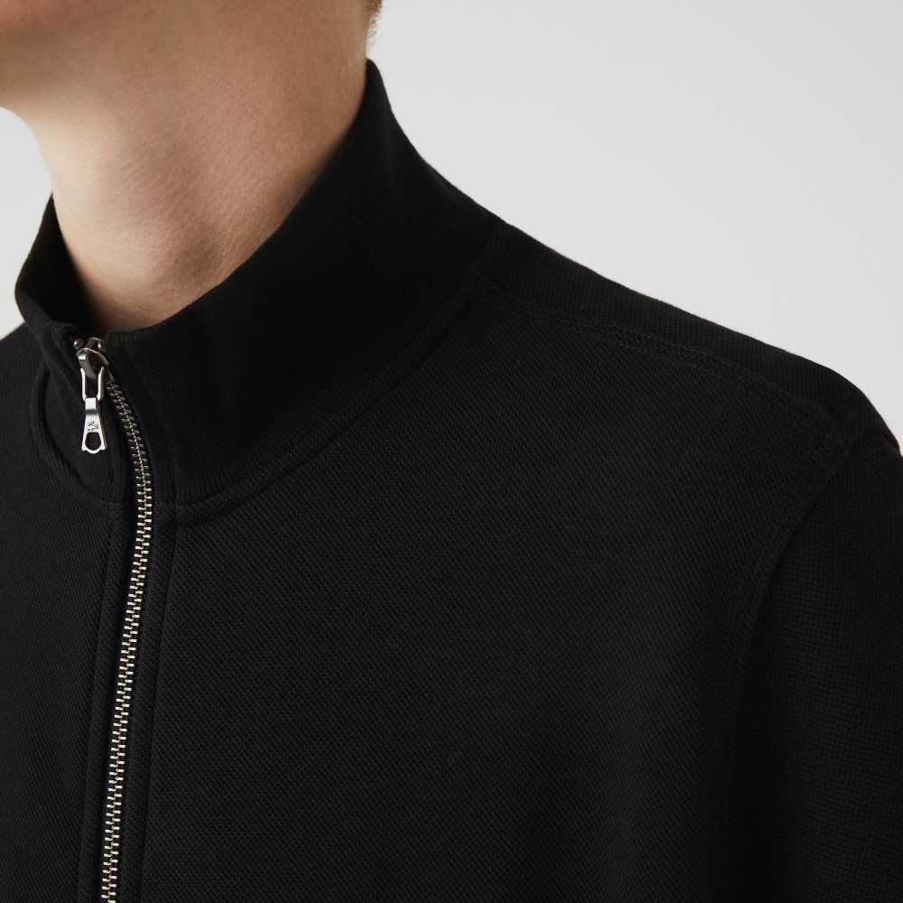 Lacoste Zippered Stand-Up Collar Pique Fleece Jacket Black | IGCU-08361