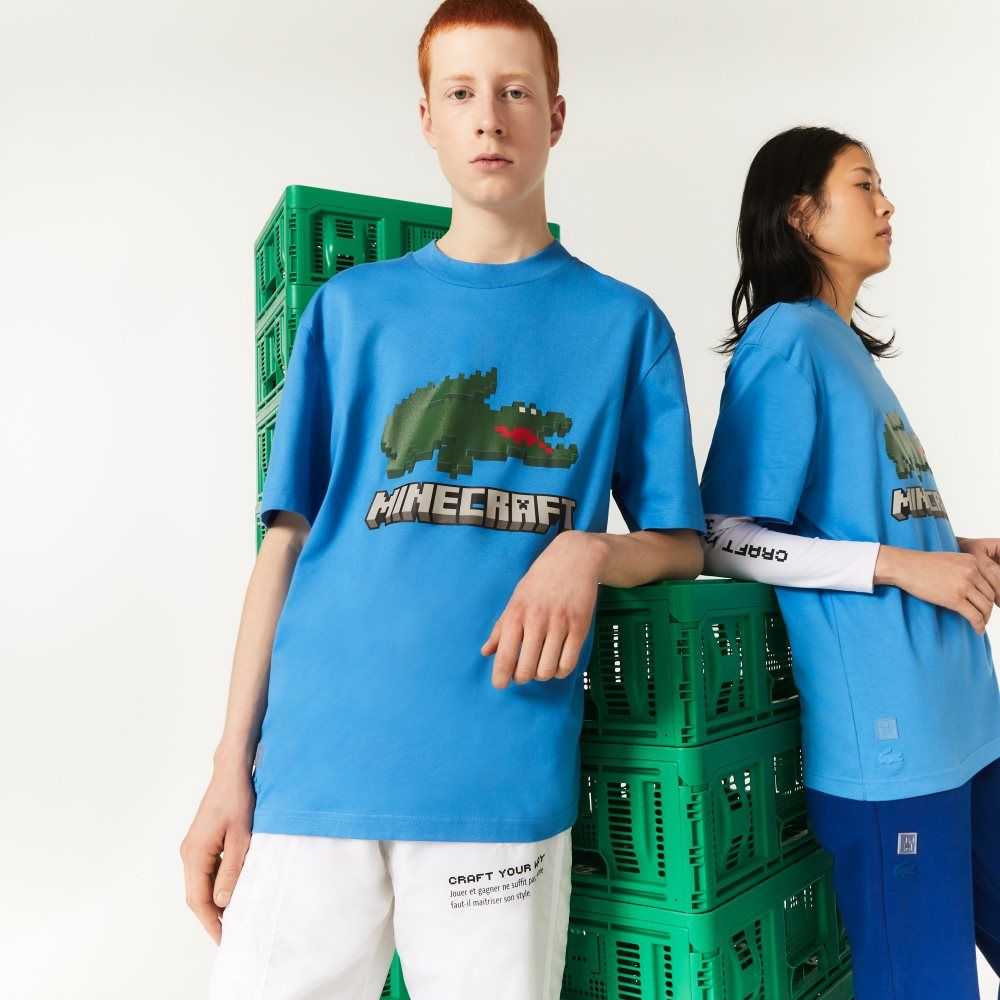 Lacoste x Minecraft Print Organic Cotton T-Shirt Blue | EAYM-72013