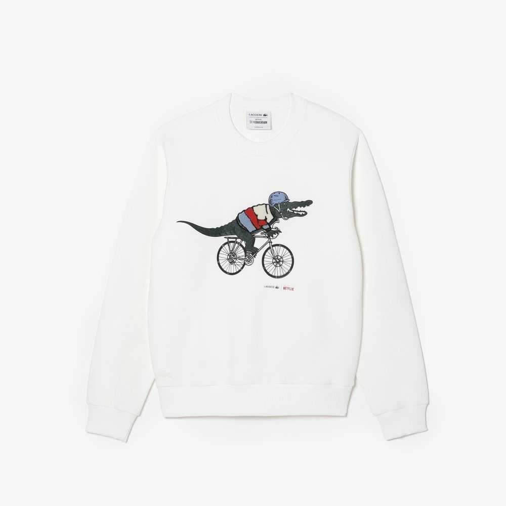 Lacoste x Netflix Loose Fit Organic Cotton Fleece Sweatshirt White | DPIW-79480