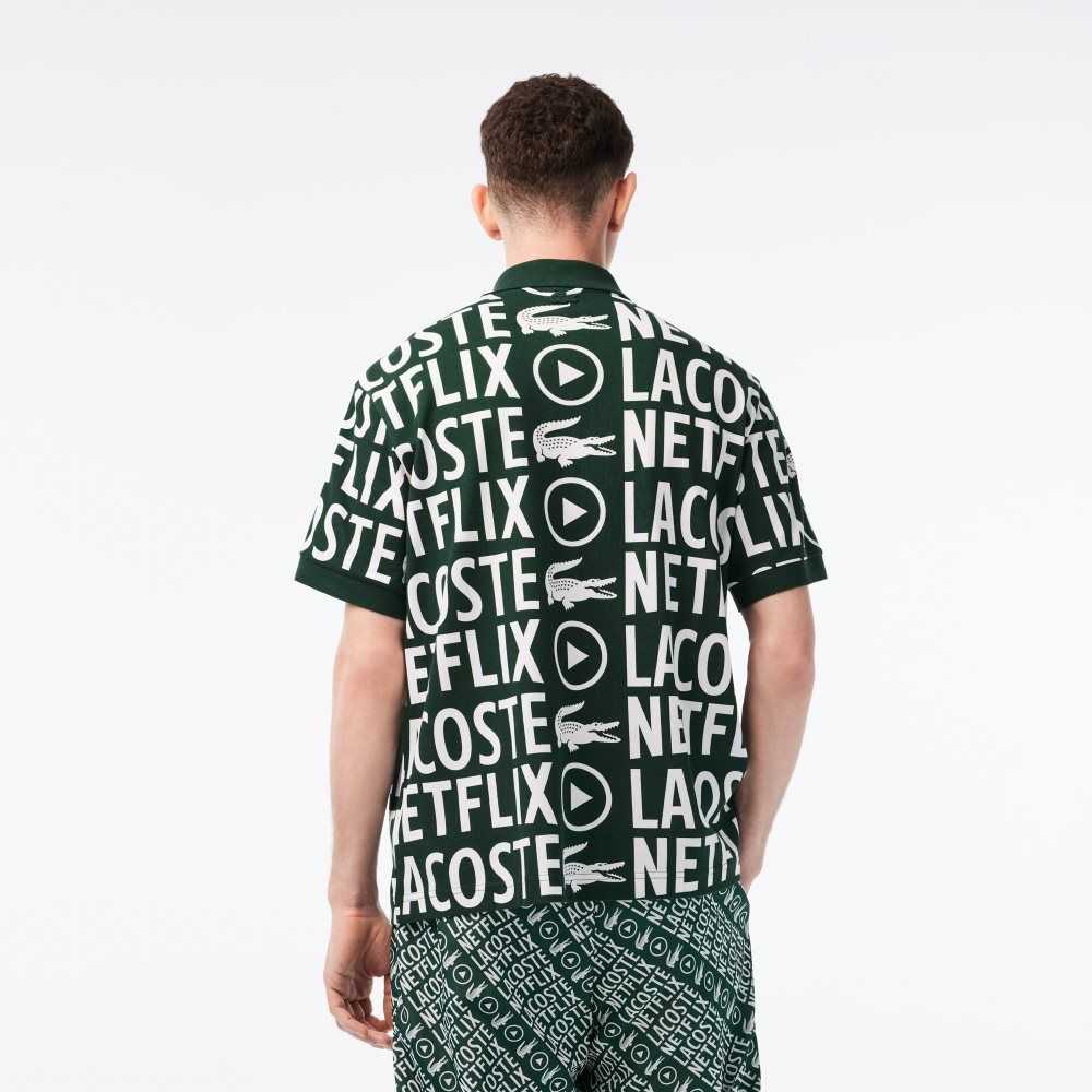 Lacoste x Netflix Loose Fit Organic Cotton Print Polo Green / White | KGTW-38521