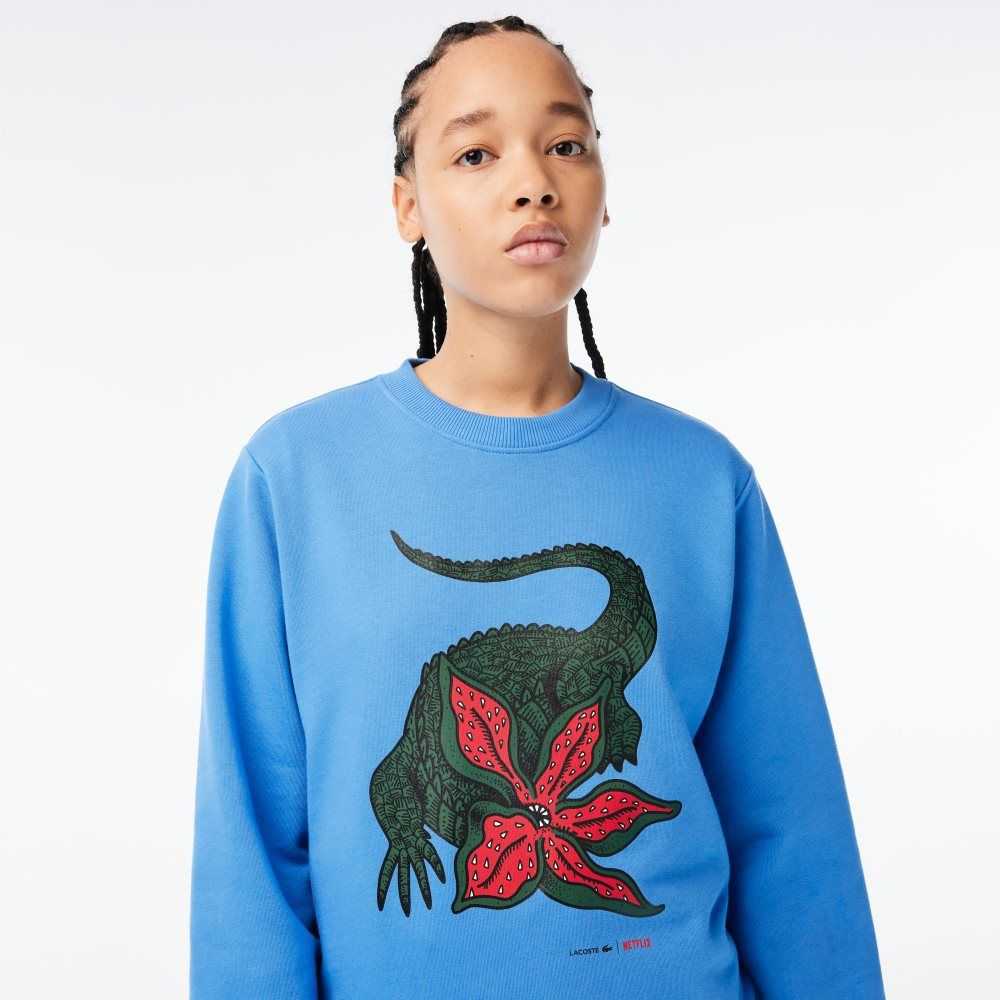 Lacoste x Netflix Loose Fit Organic Cotton Fleece Sweatshirt Blue | NCGY-58710