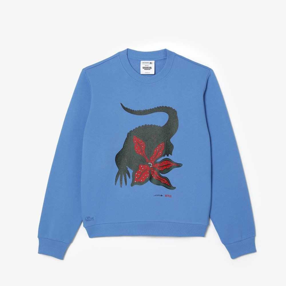 Lacoste x Netflix Loose Fit Organic Cotton Fleece Sweatshirt Blue | NCGY-58710