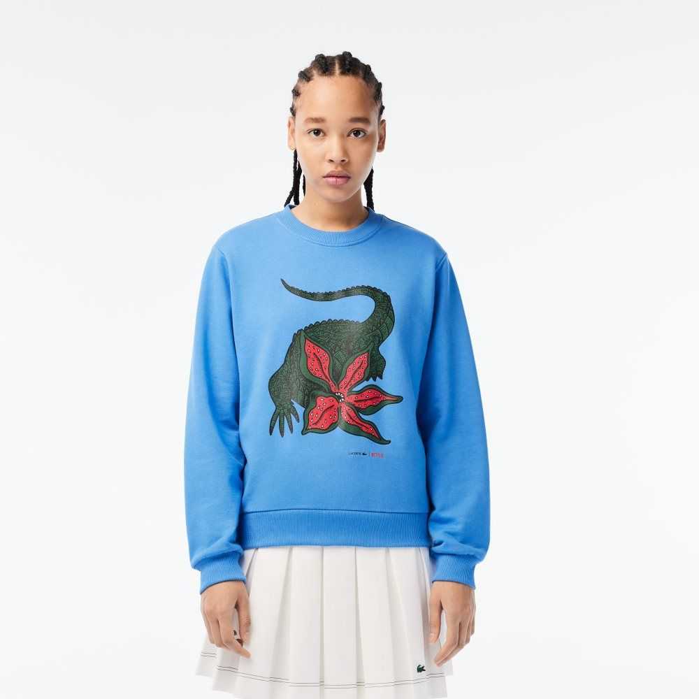 Lacoste x Netflix Loose Fit Organic Cotton Fleece Sweatshirt Blue | NCGY-58710