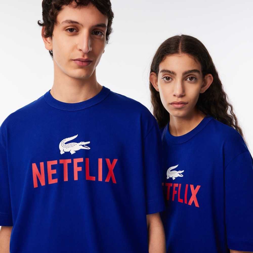 Lacoste x Netflix Loose Fit Organic Cotton T-Shirt Blue | RHUJ-67801