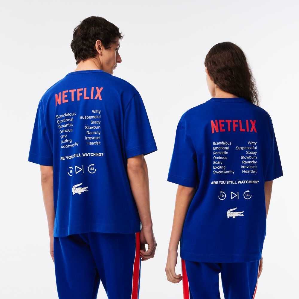 Lacoste x Netflix Loose Fit Organic Cotton T-Shirt Blue | RHUJ-67801