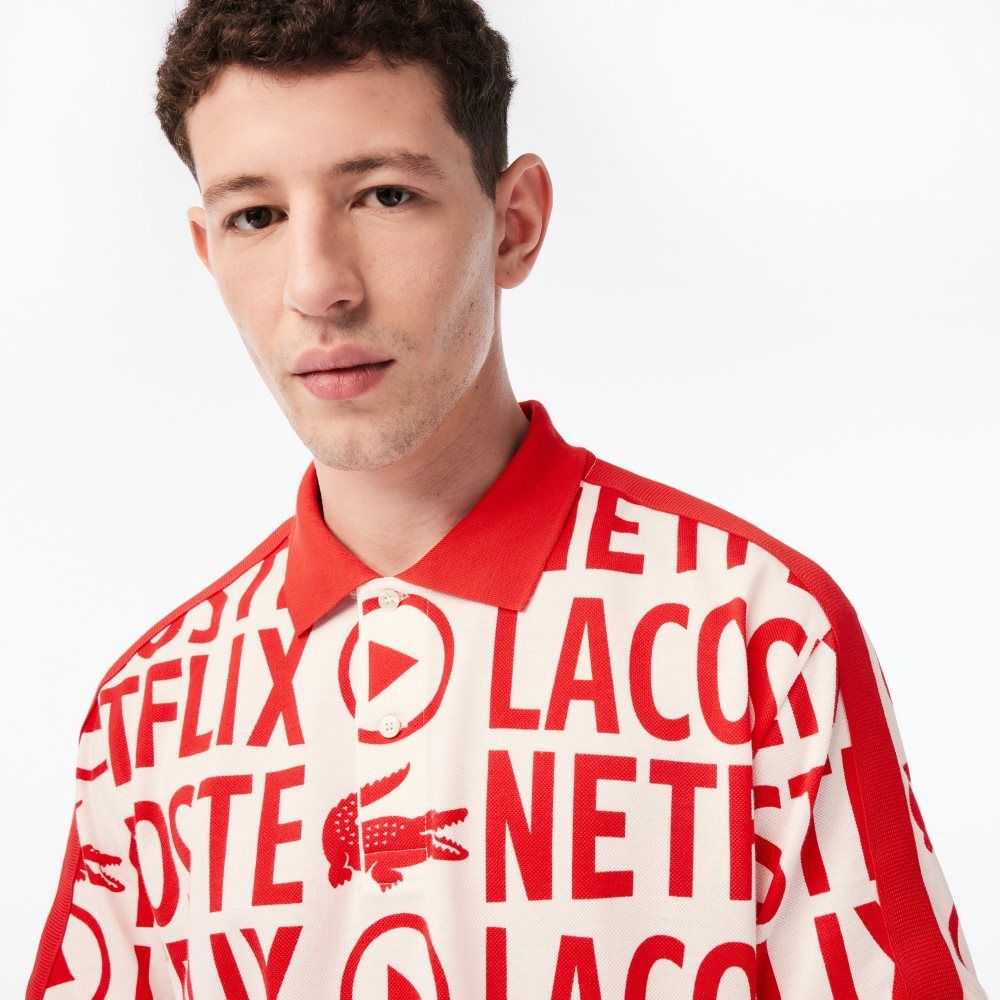 Lacoste x Netflix Loose Fit Organic Cotton Print Polo White / Red | XGUE-34780