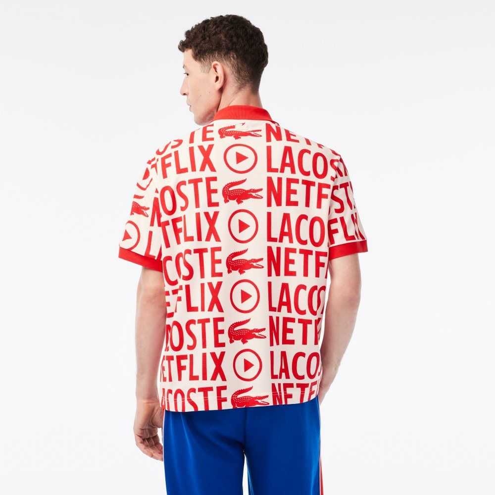 Lacoste x Netflix Loose Fit Organic Cotton Print Polo White / Red | XGUE-34780