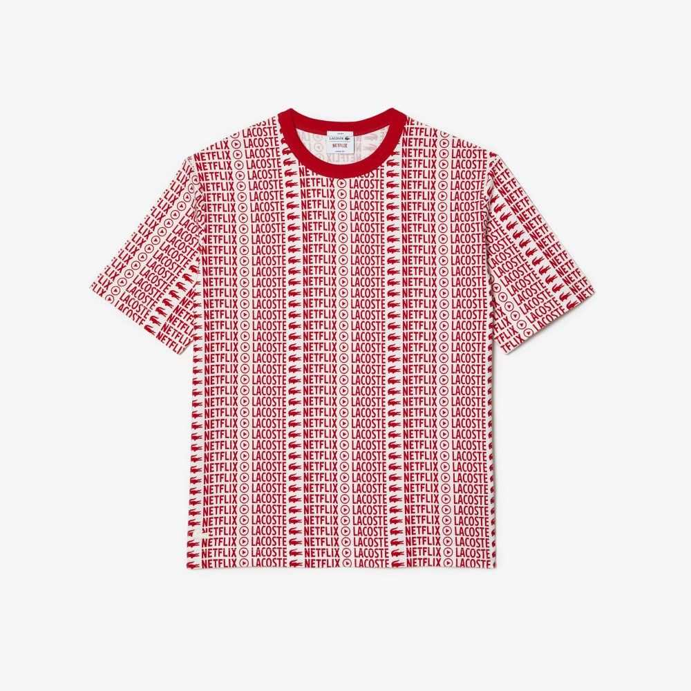 Lacoste x Netflix Loose Fit Printed T-Shirt White / Red | ZTPK-46892
