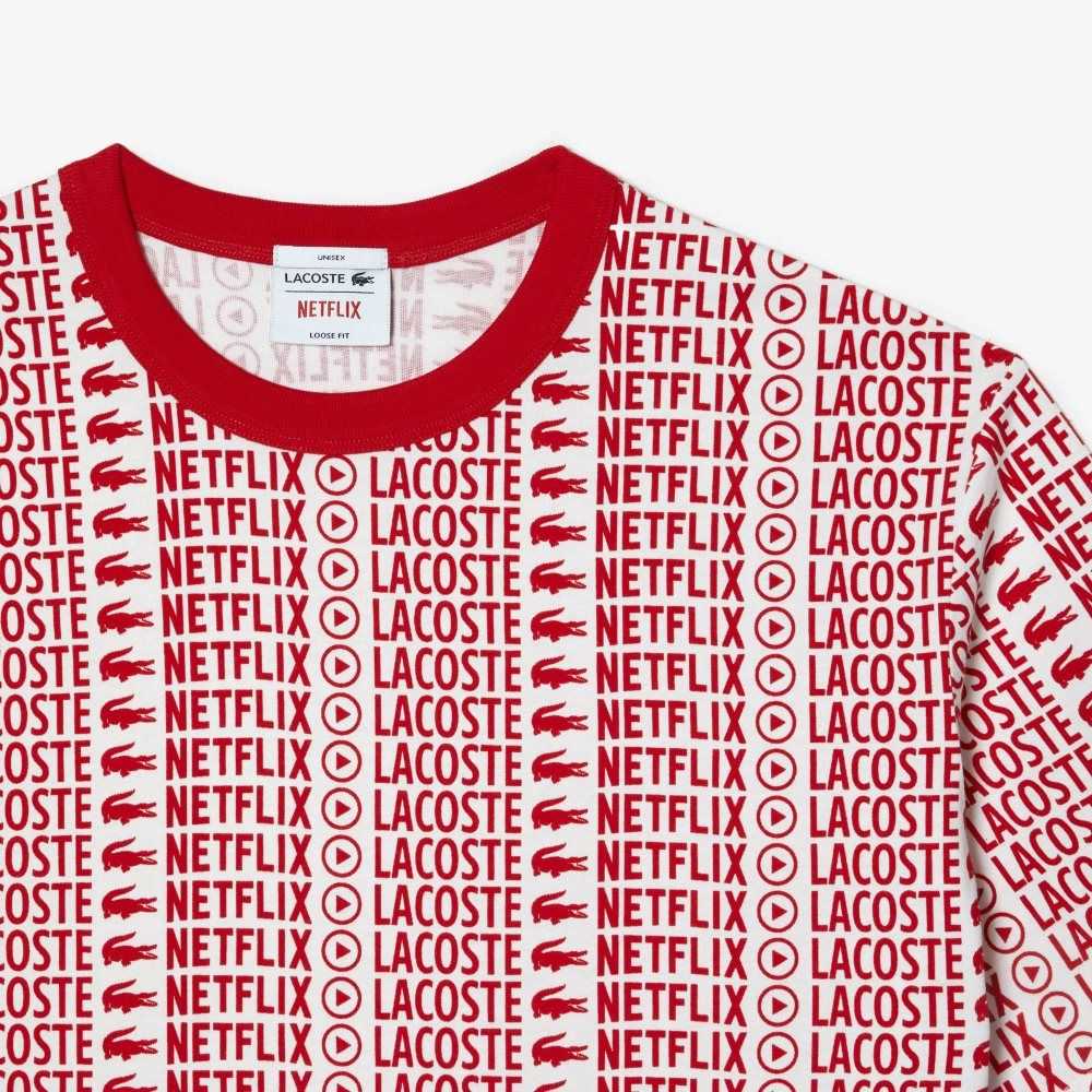 Lacoste x Netflix Loose Fit Printed T-Shirt White / Red | ZTPK-46892