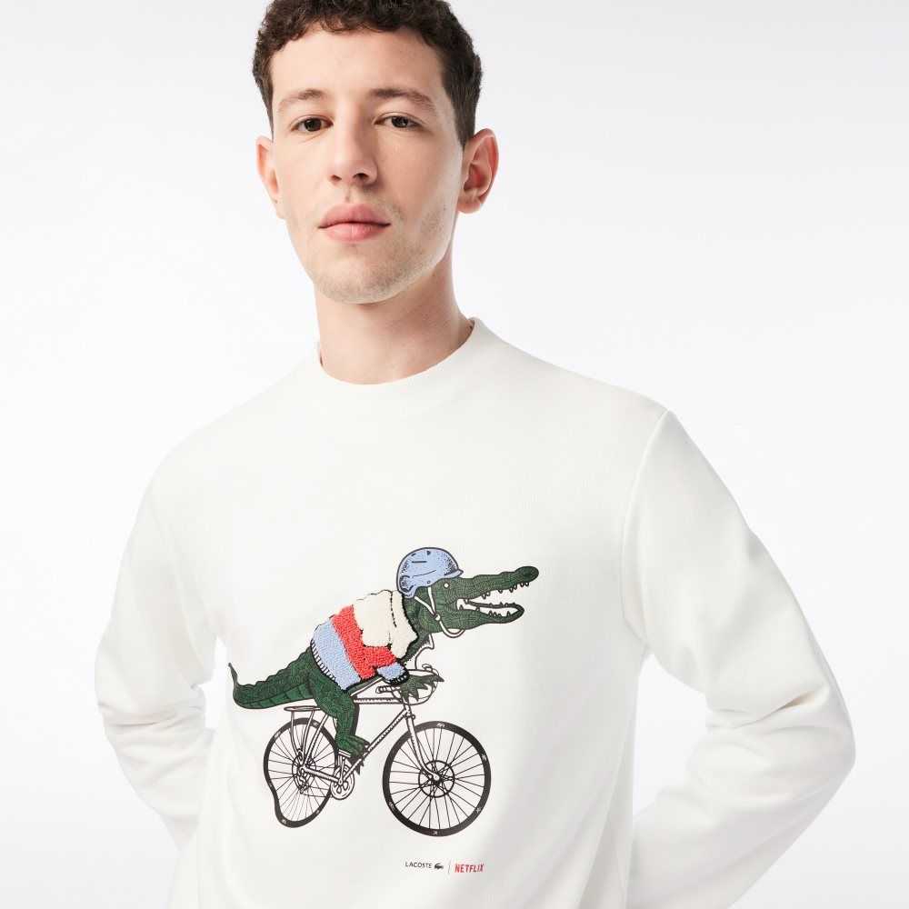 Lacoste x Netflix Organic Cotton Fleece Print Sweatshirt White | FLIH-62051