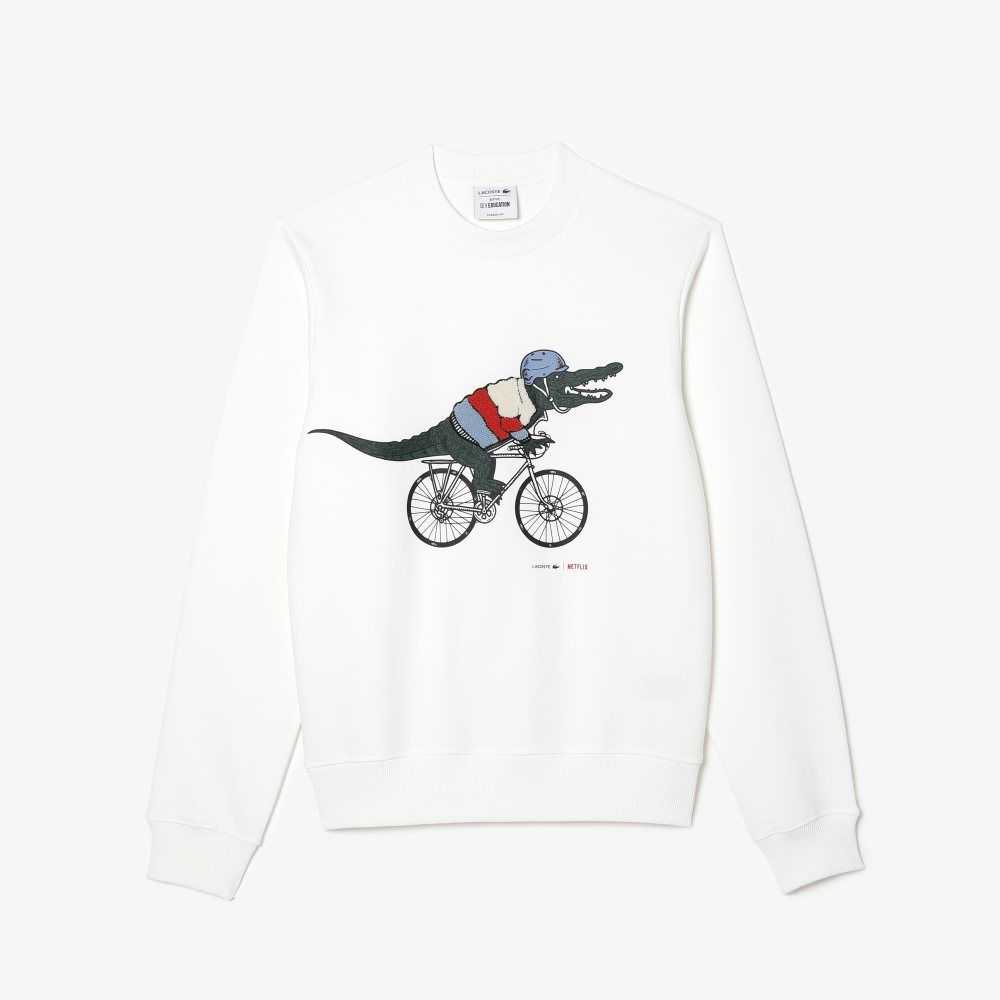 Lacoste x Netflix Organic Cotton Fleece Print Sweatshirt White | FLIH-62051