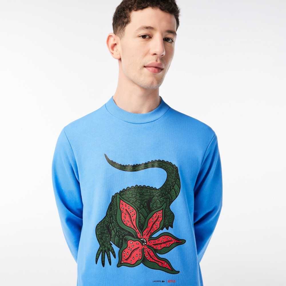 Lacoste x Netflix Organic Cotton Fleece Print Sweatshirt Blue | MGPO-51326