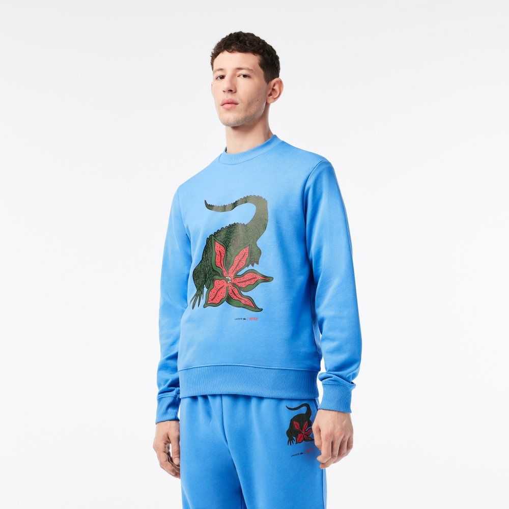 Lacoste x Netflix Organic Cotton Fleece Print Sweatshirt Blue | MGPO-51326