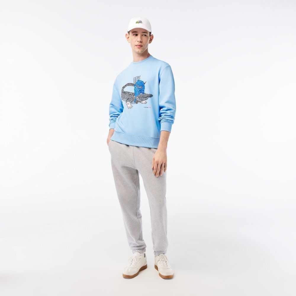 Lacoste x Netflix Organic Cotton Fleece Print Sweatshirt Blue | NPMF-62748