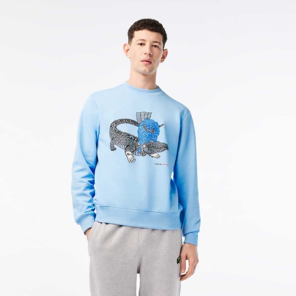 Lacoste x Netflix Organic Cotton Fleece Print Sweatshirt Blue | NPMF-62748