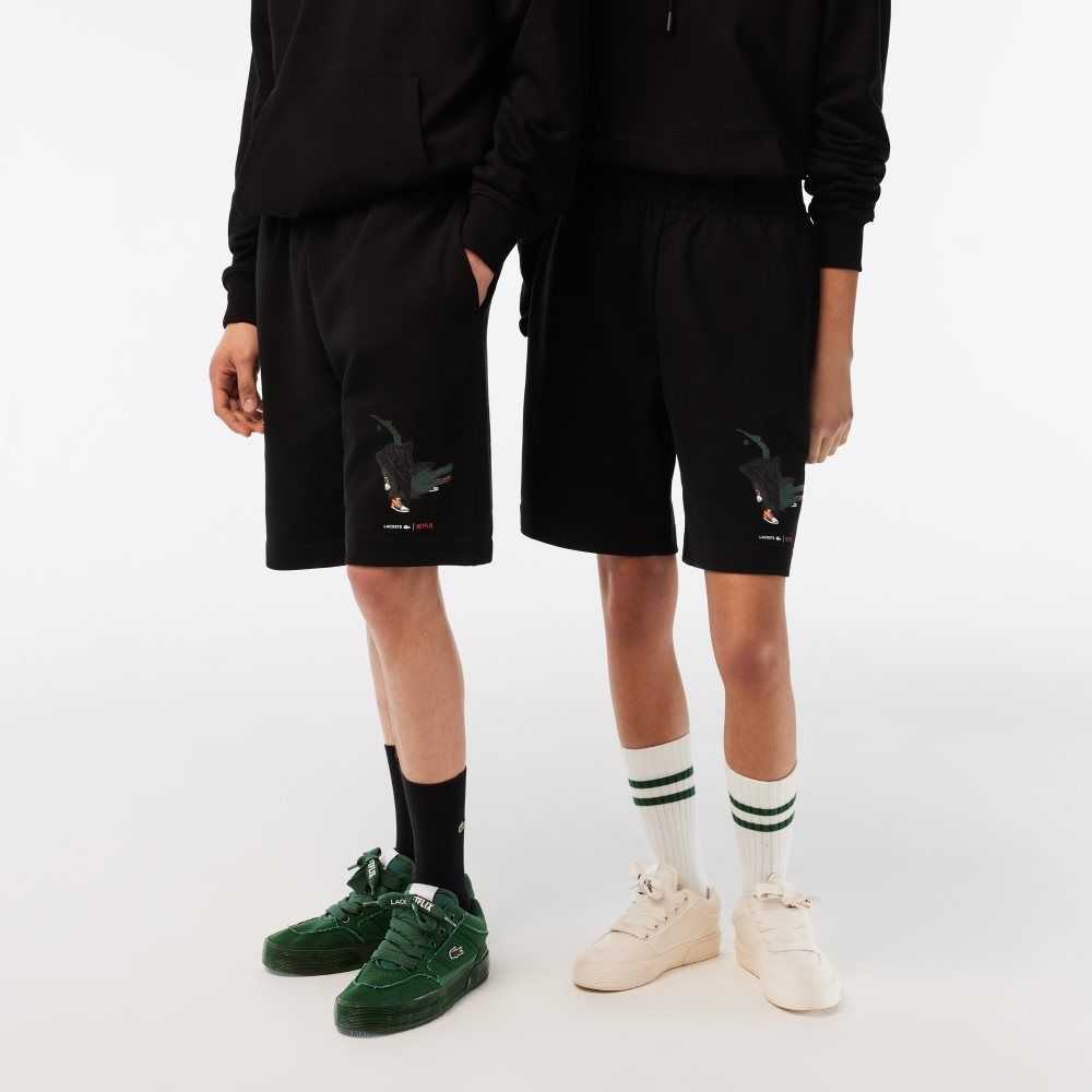 Lacoste x Netflix Organic Cotton Fleece Shorts Black | PZGK-21568