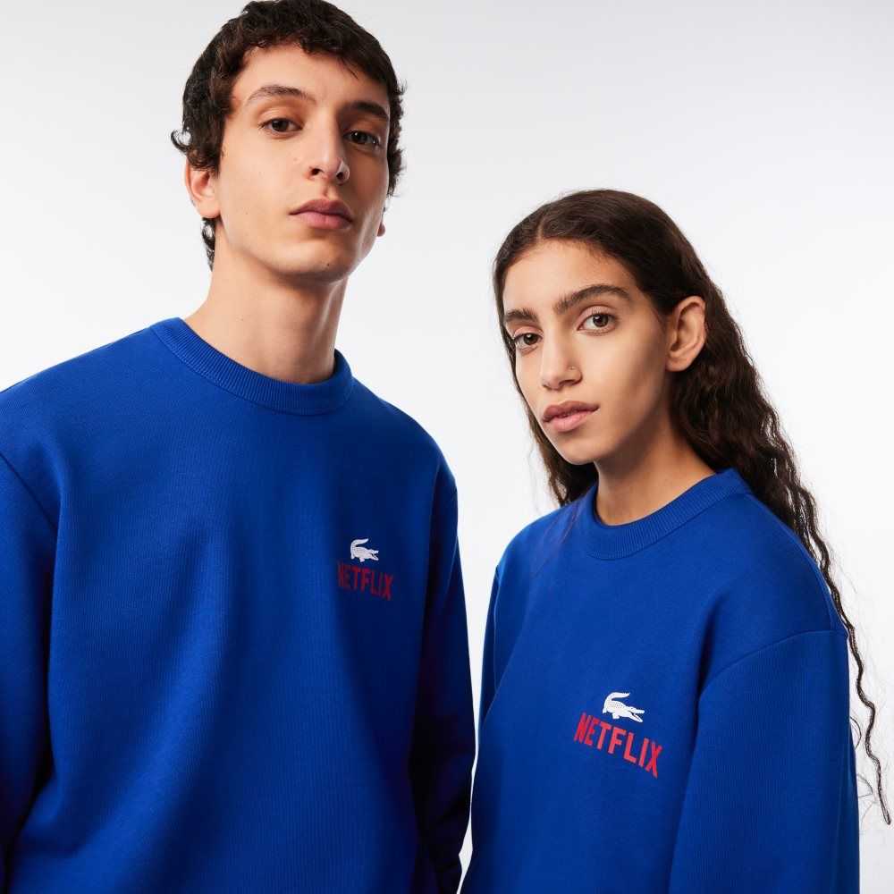 Lacoste x Netflix Round Neck Print Back Sweatshirt Blue | HGZL-05718