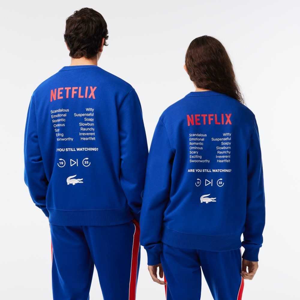 Lacoste x Netflix Round Neck Print Back Sweatshirt Blue | HGZL-05718