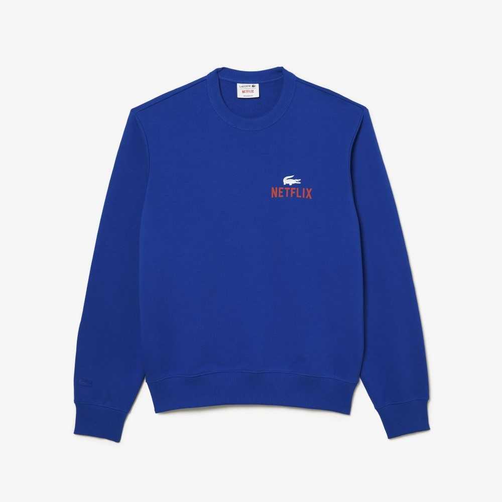 Lacoste x Netflix Round Neck Print Back Sweatshirt Blue | UAEF-91453