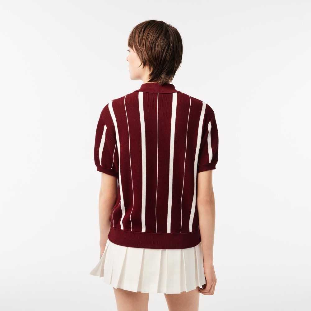 Lacoste x Sporty & Rich Striped Polo Collar Sweater Bordeaux / White | LVMW-42567